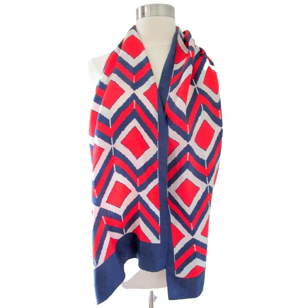 ECHO Vintage Silk Scarf Red White Blue Geometric Art Hand Rolled Edges 62